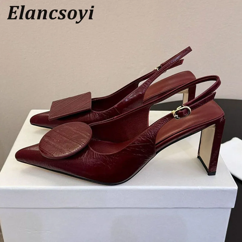 High Heels Sandals Women Genuine Leather Geometric Patterns Back Strap Sandalias Summer Shallow Mouth Pointed Toe Single Shoes