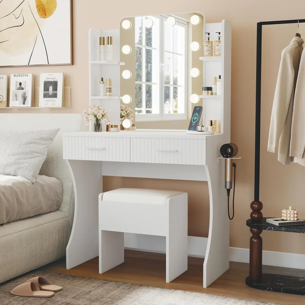 

Makeup vanity with mirror and light, adjustable light bulbs in 3 color modes, 2 large drawers, and 4 open storage compartments