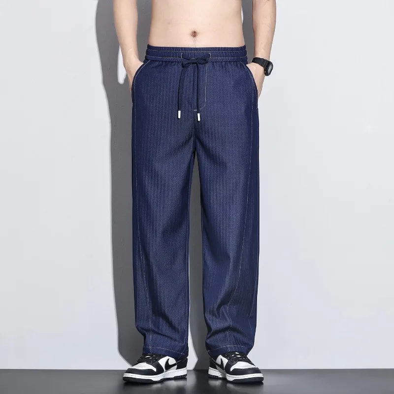 

High Quality Summer Thin Stripe Jeans Men Drawstring Elastic Waist Breathe Loose Straight Trousers Y2K Harajuku Plus Size M-5XL