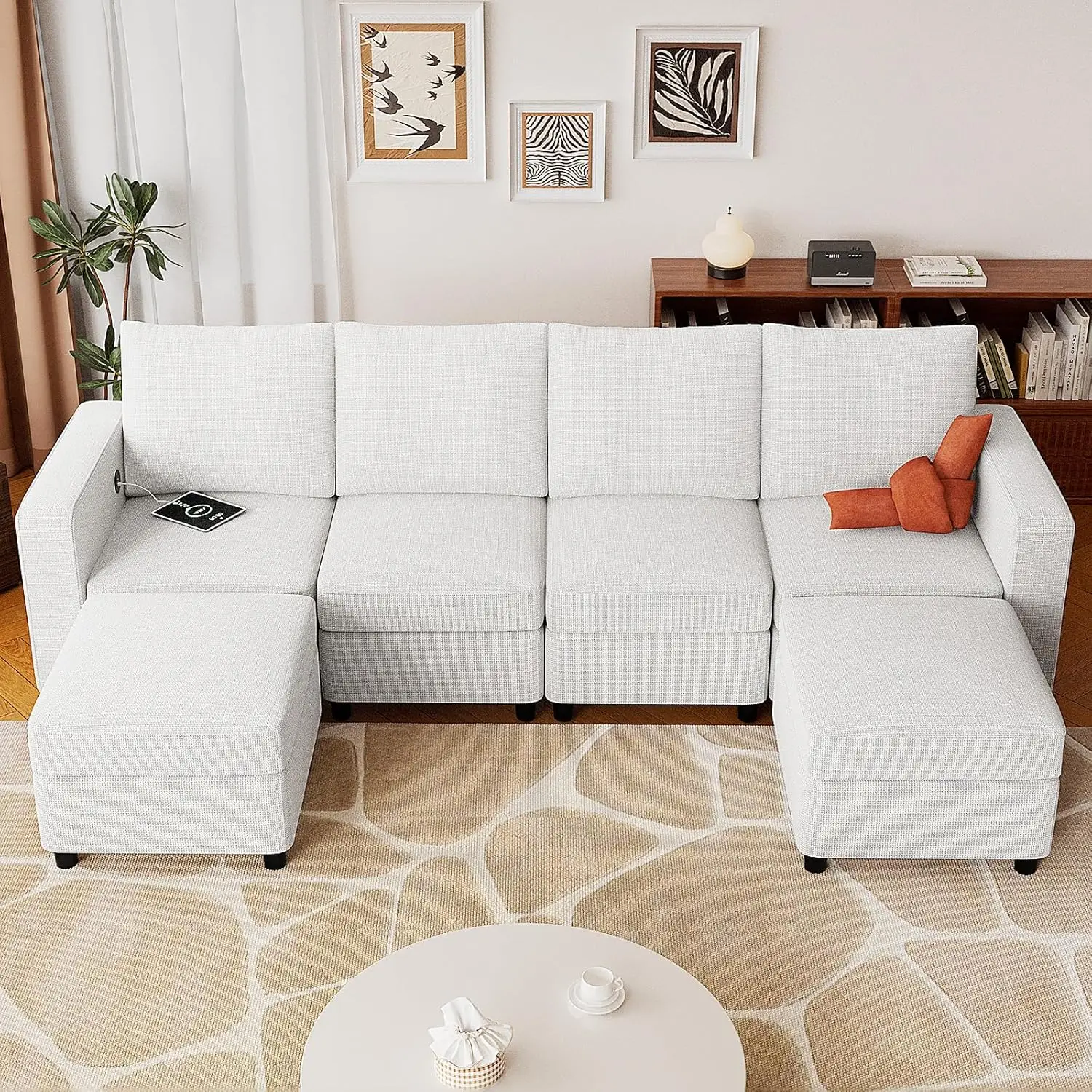 

108" White Linen Modular Sectional Sofa with Storage & USB Chargers,U-shaped Sectional Sofa with Ottomans,6 PCS Couch Bed