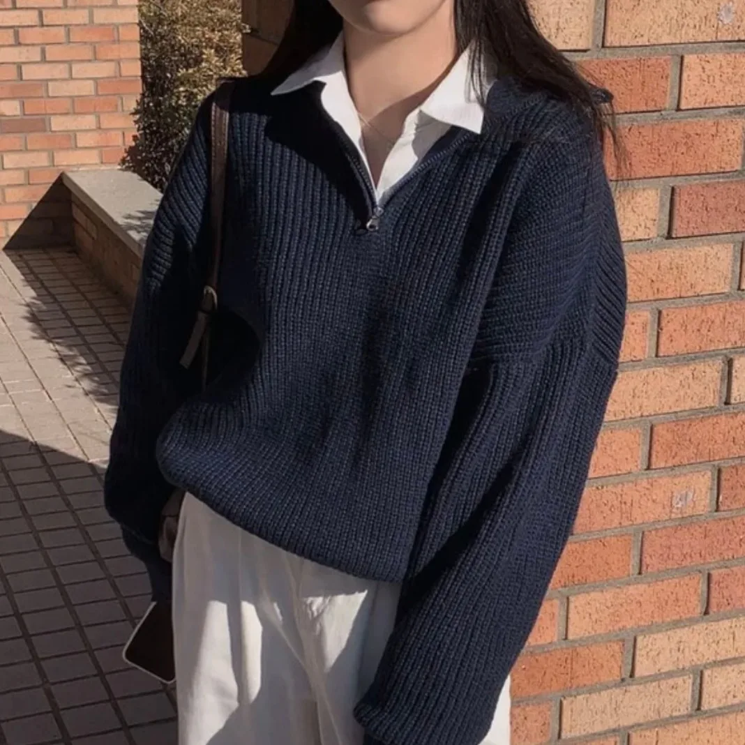 

Стильный осенне-зимний вязаный свитер на молнии для женщин, винтажный, уютный, теплый пуловер с молнией, свободный крой