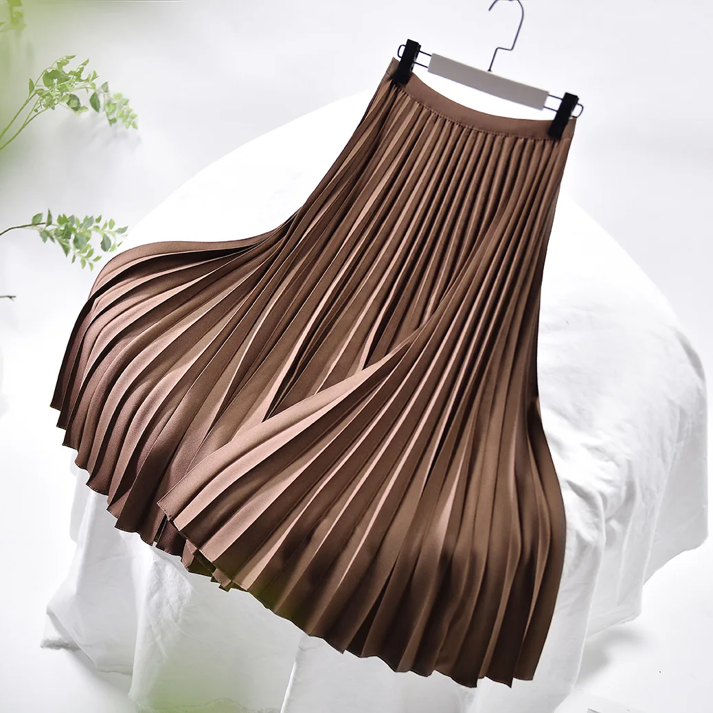 2025 High Quality Women Spring Elegant A-Line Pleated Skirt High Waist Women Thick Brown Long Skirt Femme Faldas Jupe Saia