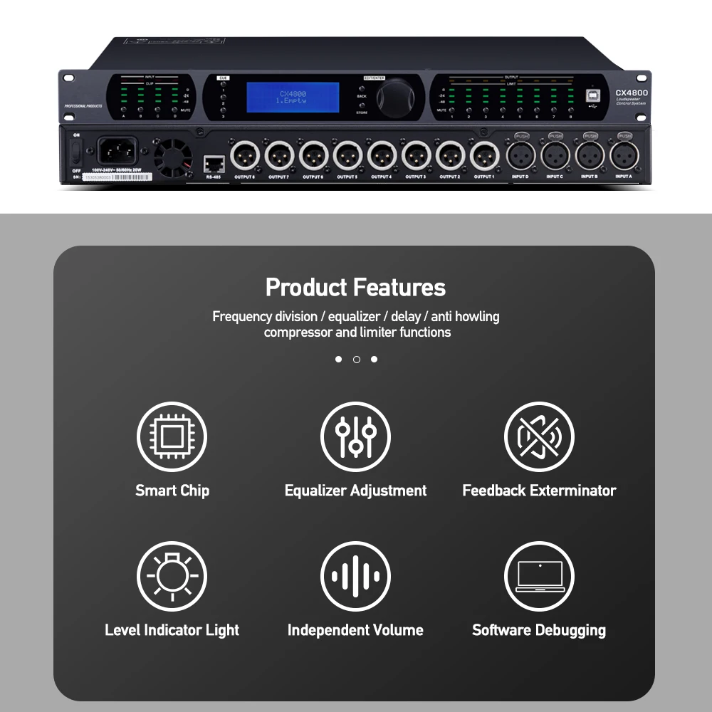 Processador audio profissional, software original, cremalheira da movimentação, orador, CX4800, 4 dentro, 8 para fora