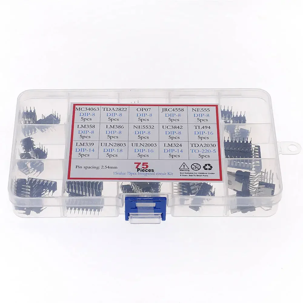 

75pcs/Box In common use DIP IC kit LM358 LM386 ULN2003 LM324 NE555 MC34063 TDA2822 JRC4558 OP07 TDA2030 ULN2803 LM339 NE5532