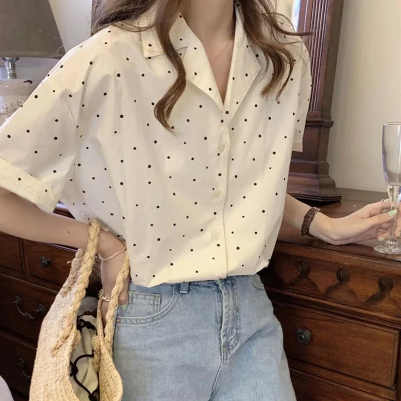 Unique Beautiful Polka Dot Short Sleeves Shirt for Women's Summer New Tailored Collar Gentle Loose Slimming Versatile Top