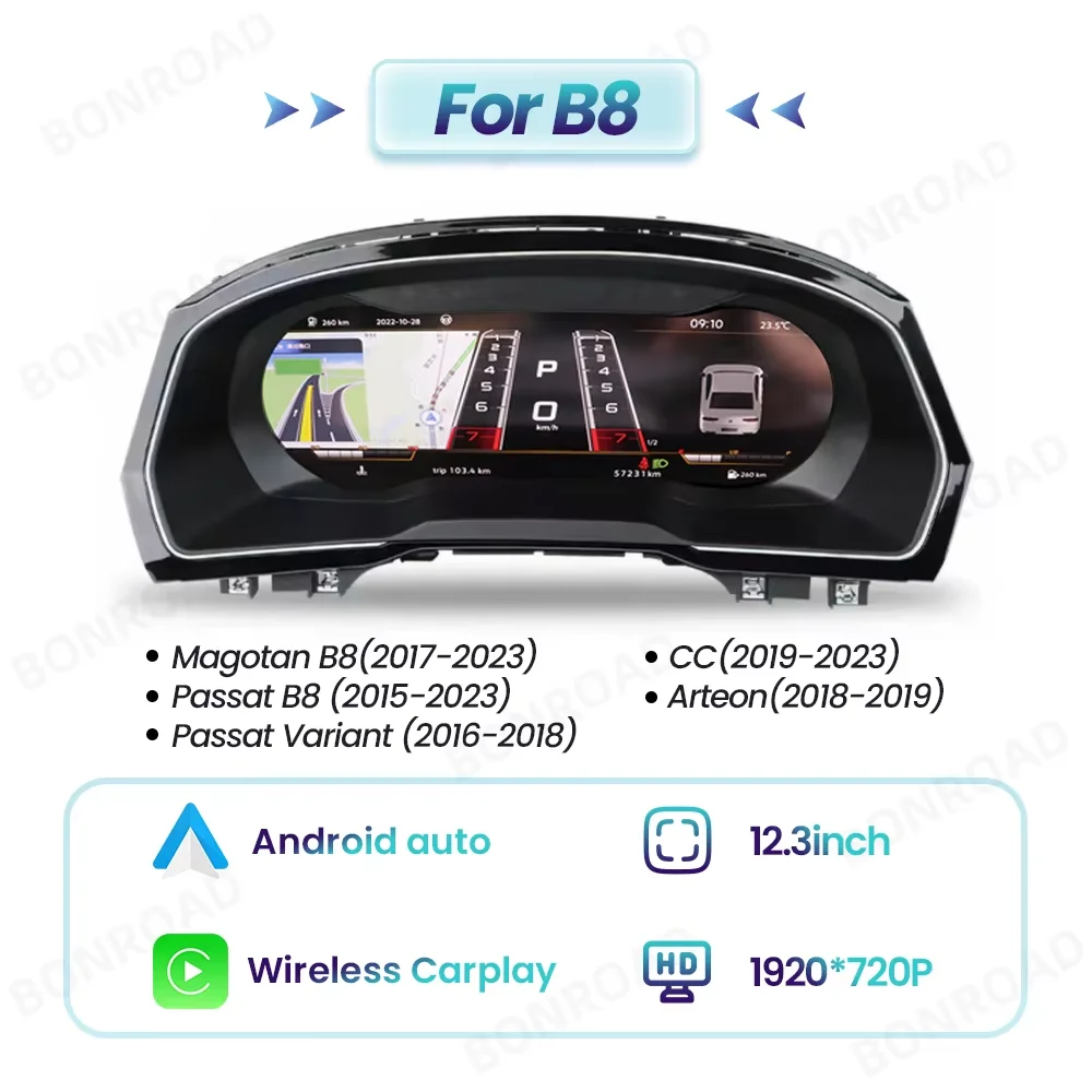 12,3 inch LCD digitaal dashboardcluster voor VW Golf 6 7 MK7 Passat B6 B8 B7 US-versie draadloze CarPlay Android Auto instrumentenpaneel