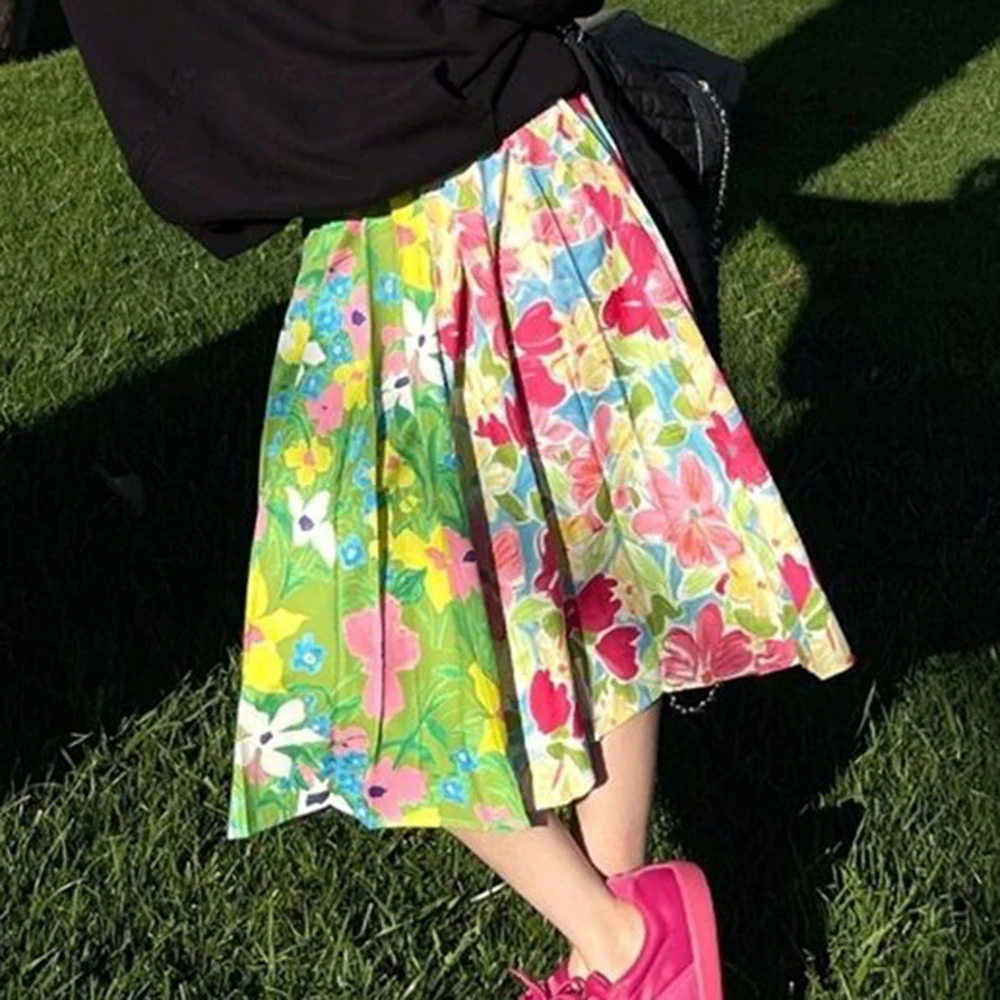 

Printed pleated "Spring flower" Dongdaemun, Korea, retro printed pleated skirt y2k korean fashion clothing
