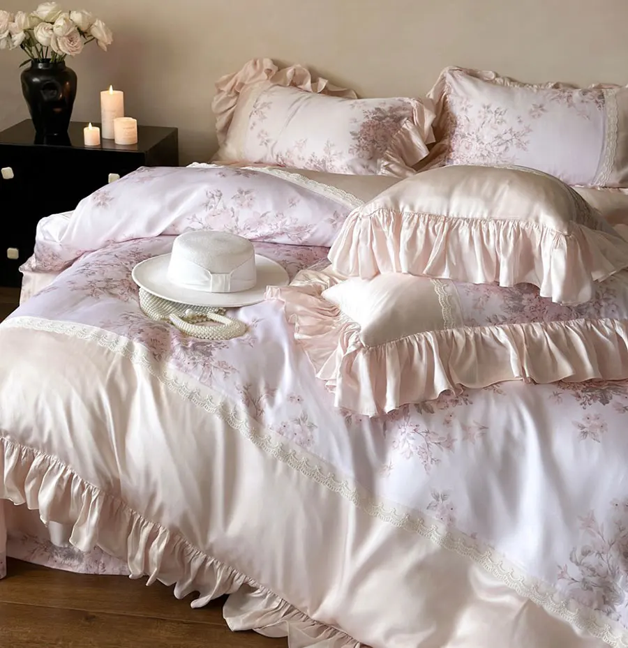 Romantic sweet flower pink bedding set,full queen king fairyfair ruffled double home textile bed sheet pillow case quilt cover