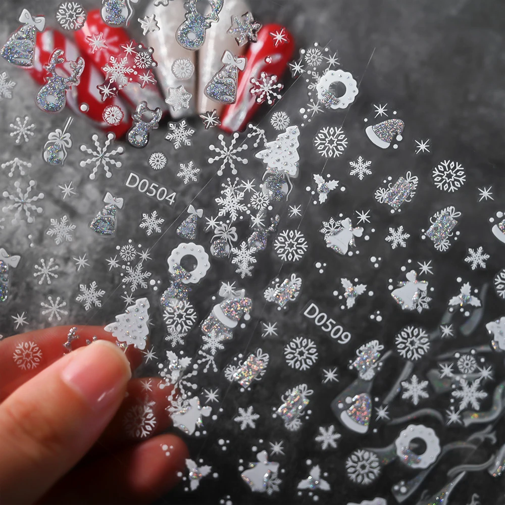 12pcs Glitter Christmas Nail Art Stickers Decals Self-Adhesive Snowflake Santa Hat Nail Sticker Winter Holiday Nail Accessories