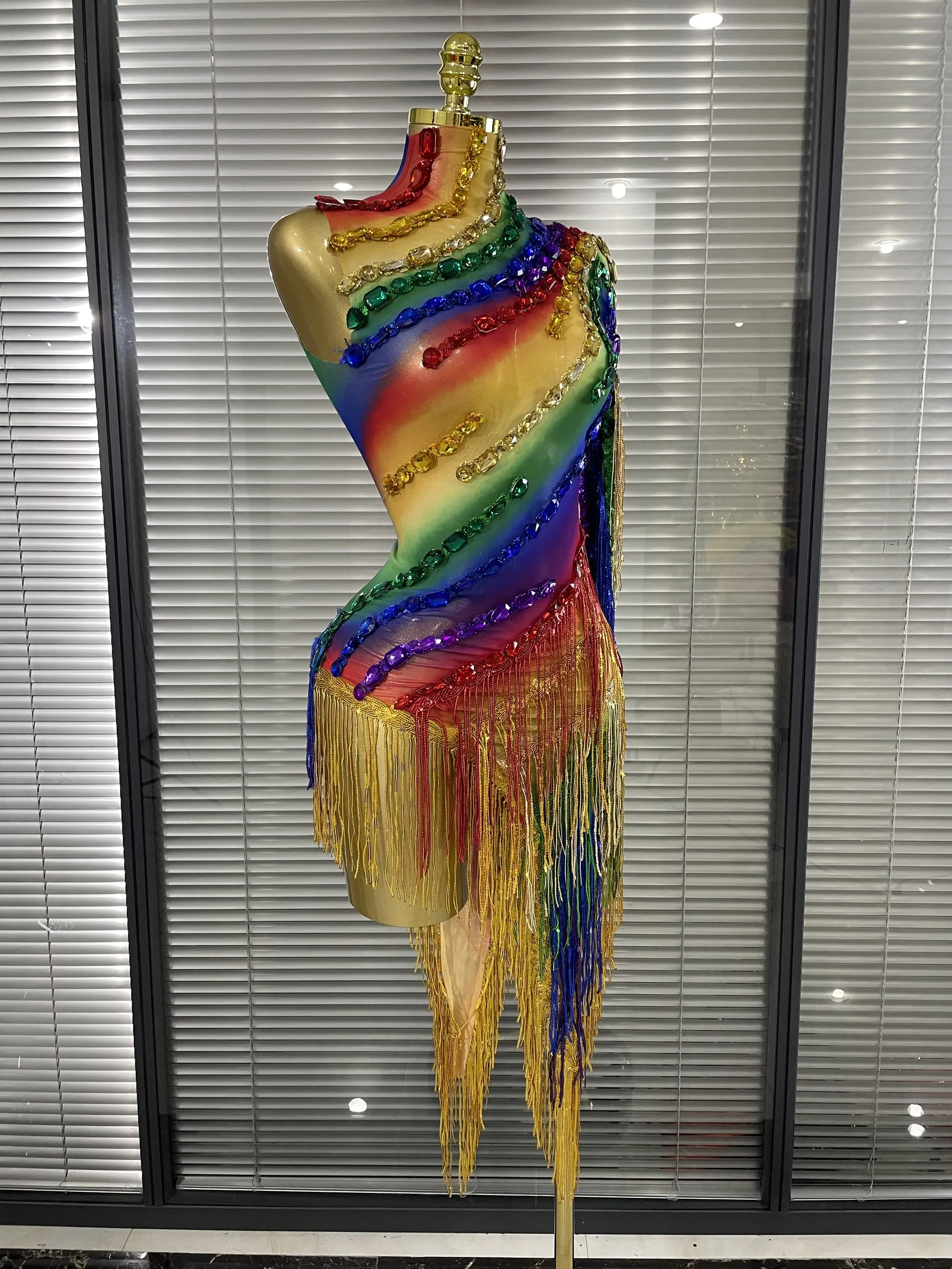 New Rainbow Women Sexy One Shoulder Mesh See Through Tassles Bodycon Mini Dress Birthday Fashion Bar Singer Performance Stage