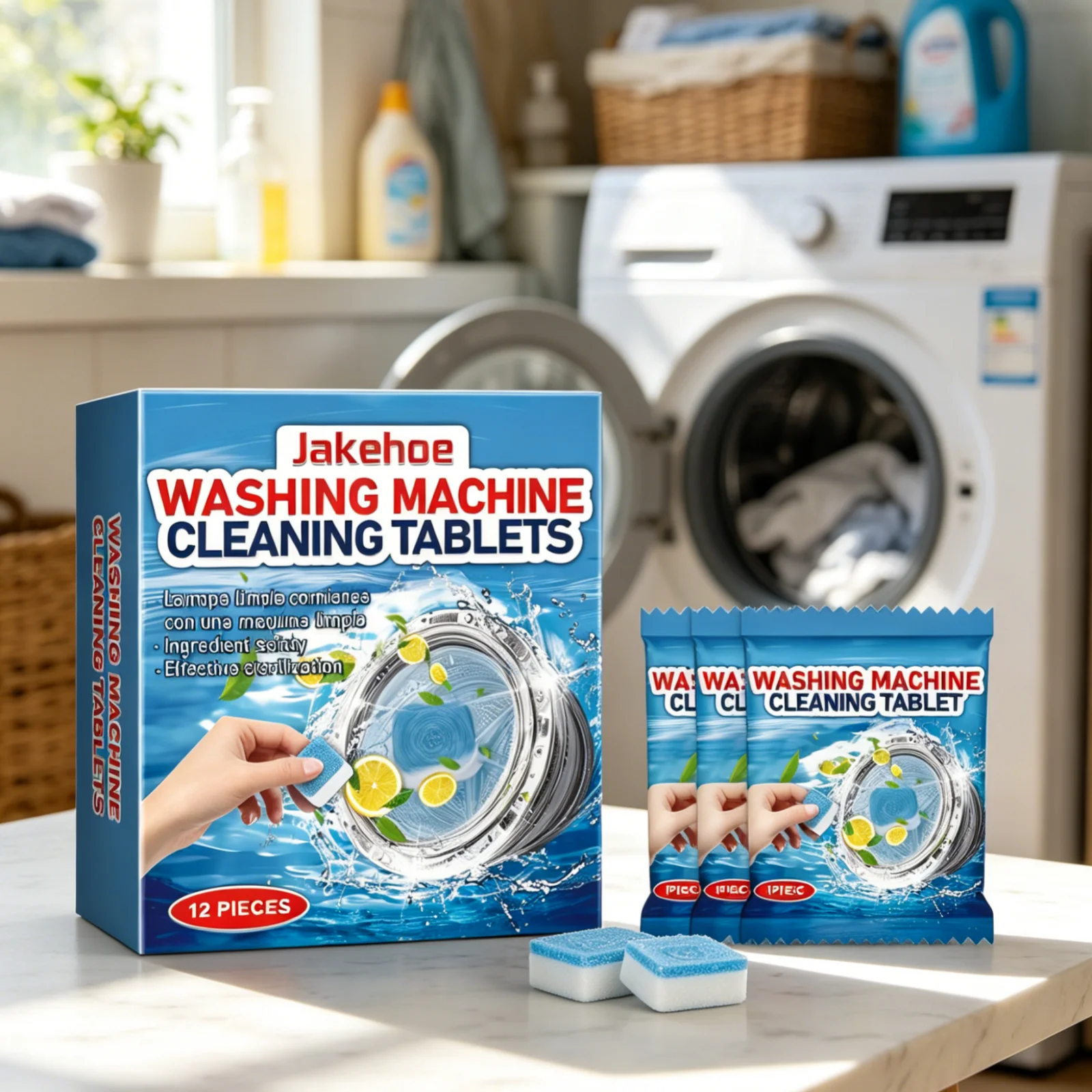Jakehoe Washing Machine Cleaning Tablets Strong Cleaning Decontamination Remove Odors No Residue Stain Removal Sheets 12 Pieces