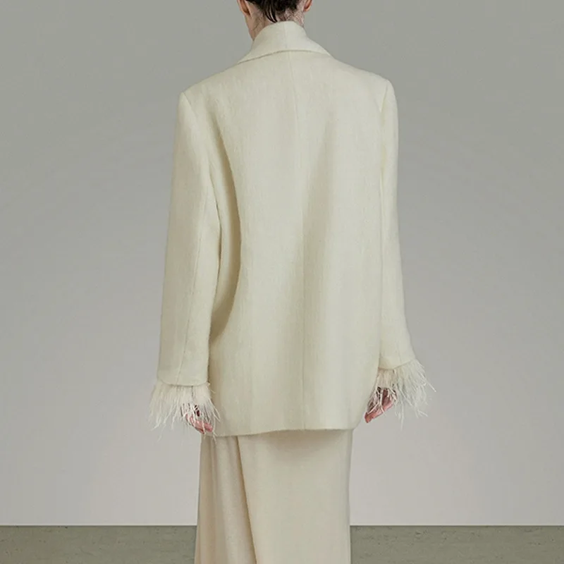 EAEOVNI ريشة تقسم تصميم المرأة البدلة معطف موضة التلبيب طوق كم طويل زر تصميم سترة ملابس أنيقة #4