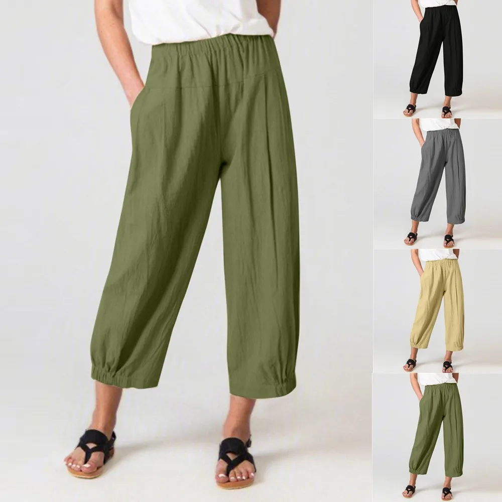 Nowe luźne spodnie Harun do dojazdów do pracy, bawełniane i lniane spodnie z wysokim stanem, szerokie nogawki damskie Pantaloni Donna Estivi