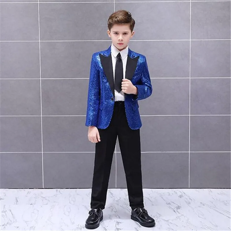 

Shinny Blue Boys Formal Wears Kids Suit Notched Lapel Two Buttons Wedding Ring Bearer Kids Tuxedos Suits(Jacket+Pant)