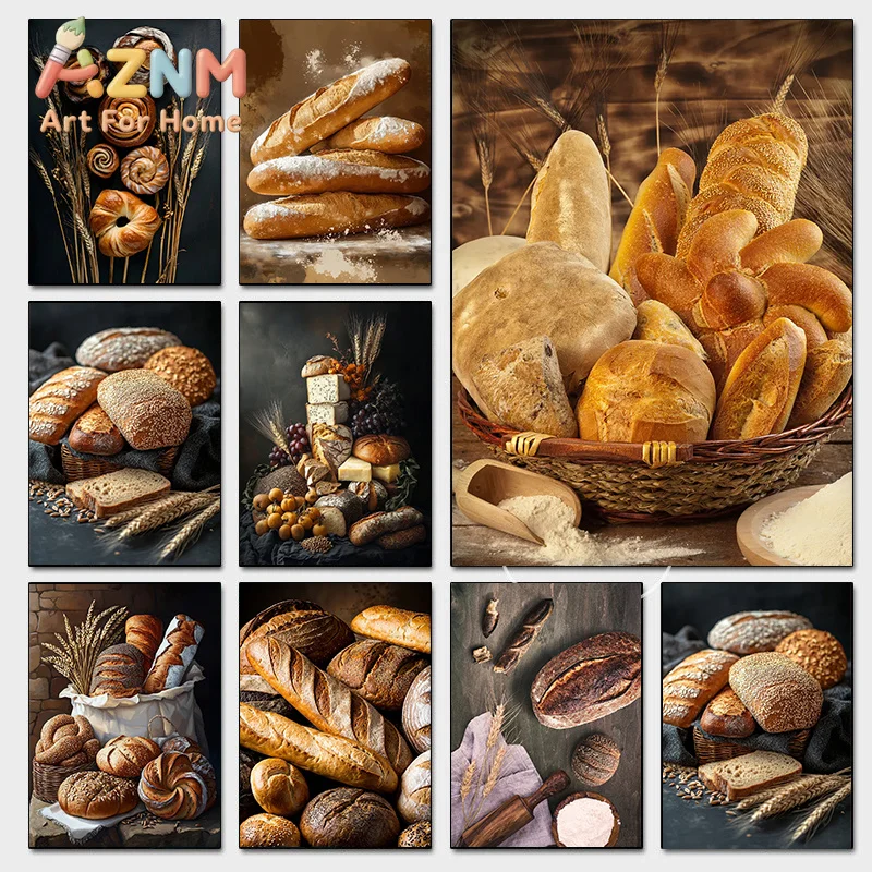 Delicious Assortment of Fresh Bread Posters Freshly Baked Wheat Prints Canvas Painting Wall Art Pictures Home Living Room Dec