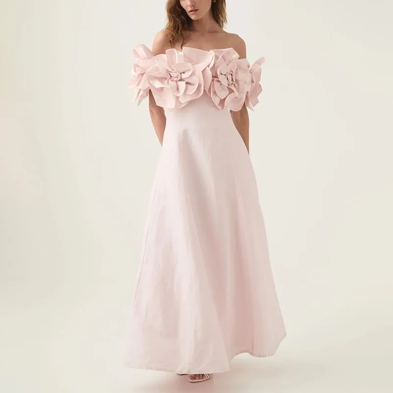 

Tube Top Long Dress 2025 Early Spring New Three-Dimensional Flower Waist Slimming Celebrity Style Solid Color Dress