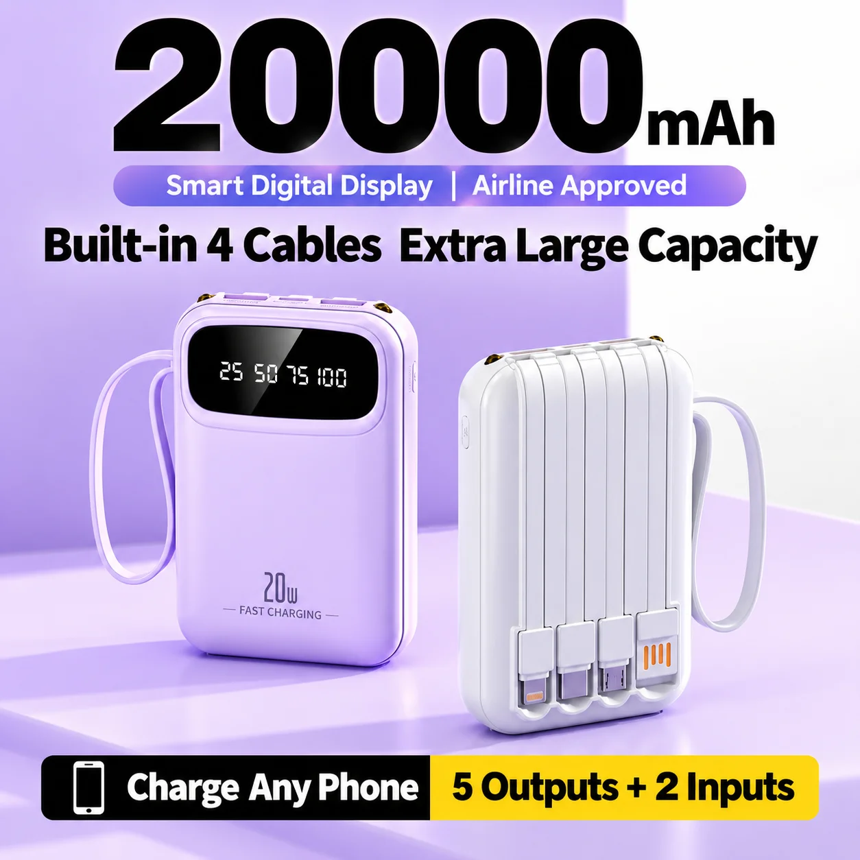 20000mAh Power Bank Compact Portable Self-contained Cable Large Capacity Backup Battery Mobile Power Supply For Phone