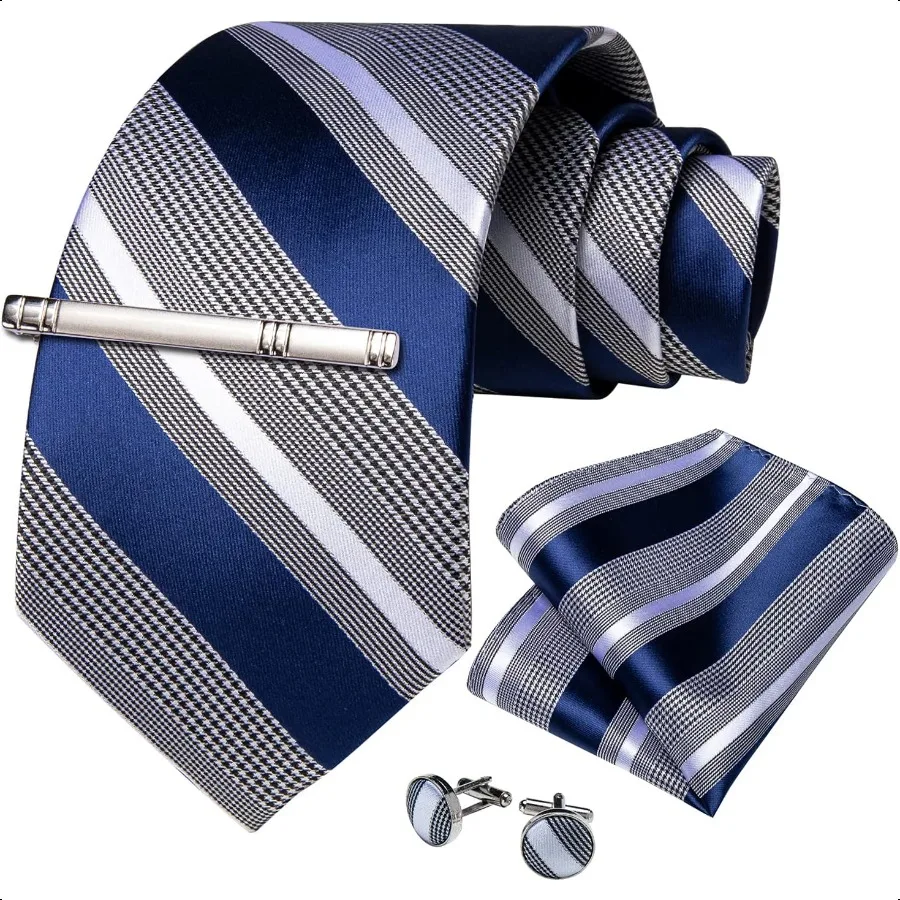 DiBanGu Mens Striped Tie Silk Woven Necktie and Pocket Square Cufflinks Tie Clip Set Wedding Business Formal Gift Tie for Men