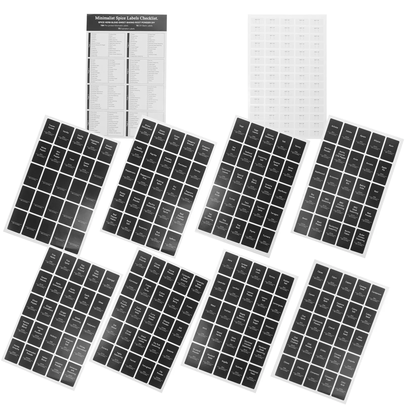 

6 Sheets Label Stickers for Spice Bottles Preprinted Kitchen Classification Tags Self Adhesive Convenient Storage Solution