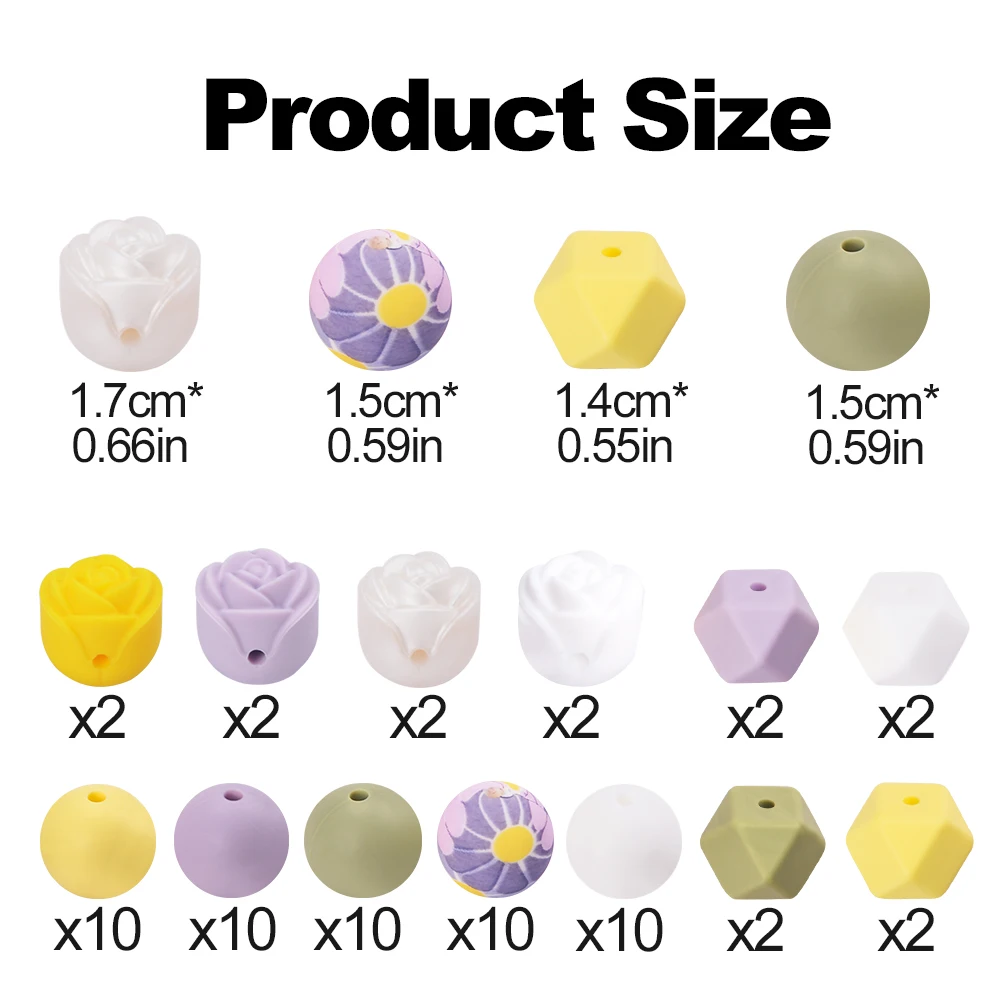 LOFCA 66Pcs Silicone Beads 15mm Printed Round Flower Beads For Jewelry Making DIY Necklace Bracelet Accessorie