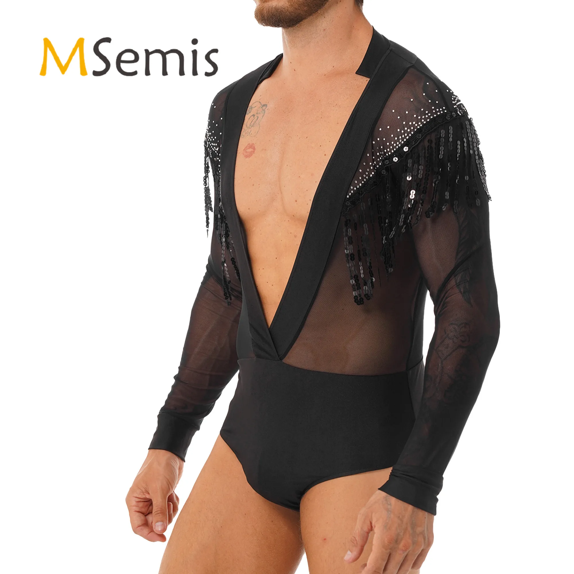 Mens Deep V Sheer Mesh Bodysuit Ballroom Latin Dance Performance Costume Shiny Rhinestone Sequin Tassel Leotard Dancewear