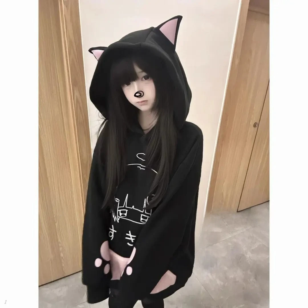 Japanese Kawaii Hoodie Jeckets Long Seleeve Casual Women Subculture Hoodies Cat Ear Cute Sweet Style Coats Chic Streetwear