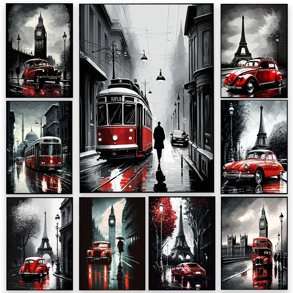 Frameless Canvas Painting 1pc Frameless Urban Poster Abstract Bus Car London Sreet Eiffel Tower Canvas Wall Art Picture Prints F