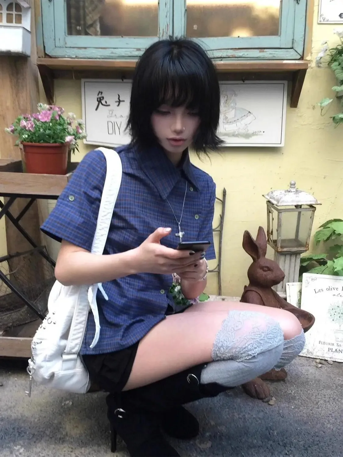 Chemise décontractée à carreaux Vintage pour femmes, manches courtes, Y2k, hauts japonais des années 2000, chemise d'été irrégulière américaine rétro des années 90