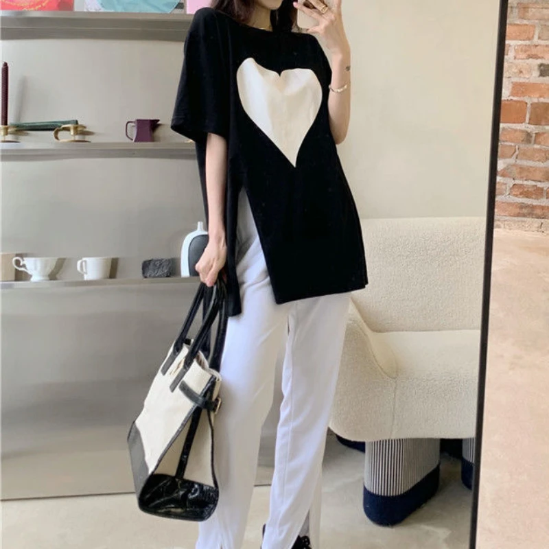 T-shirts Women Side-slit Design Simple Popular Korean Style Colleges All-match Basic Daily Streetwear Summer Clothes Casual Tops