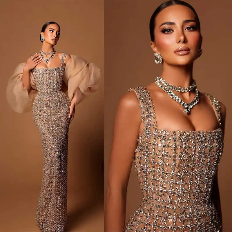 

Luxury Evening Dresses Mermaid Square Collar Rhinestones Crystals Backless Prom Dresses فساتين سهرة Custom Made