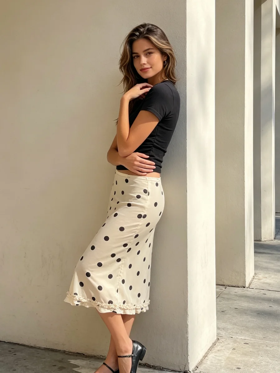 Polka Dot Mesh Midi Skirt Women's Double-Layer Ruffle Zipper Skirt
