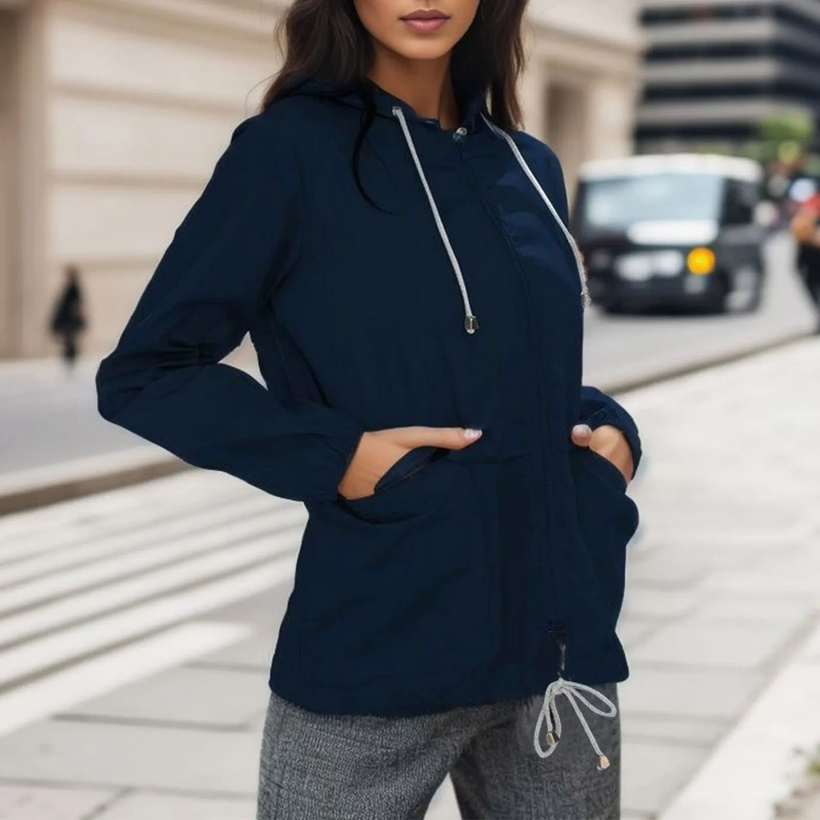 Sudaderas con capucha de Color sólido para mujer, prendas de vestir impermeables, Tops con cremallera, ropa deportiva suelta con cordón, chándales, Tops con capucha, chaquetas de exterior