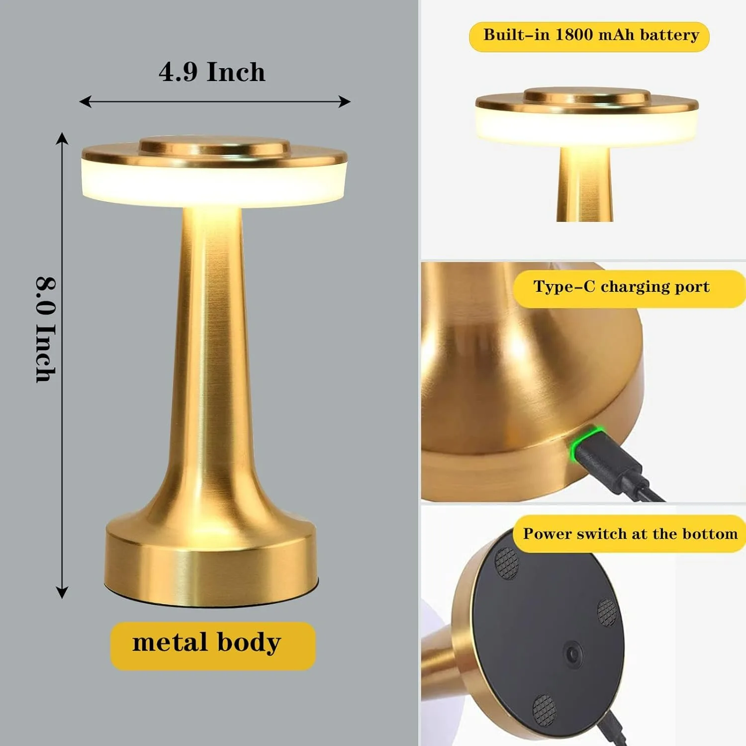 Portable Metal LED Table Lamp Table Lamp with Touch Sensor, Three Color Temperature Control Dimming, Rechargeable Pool Night Lig