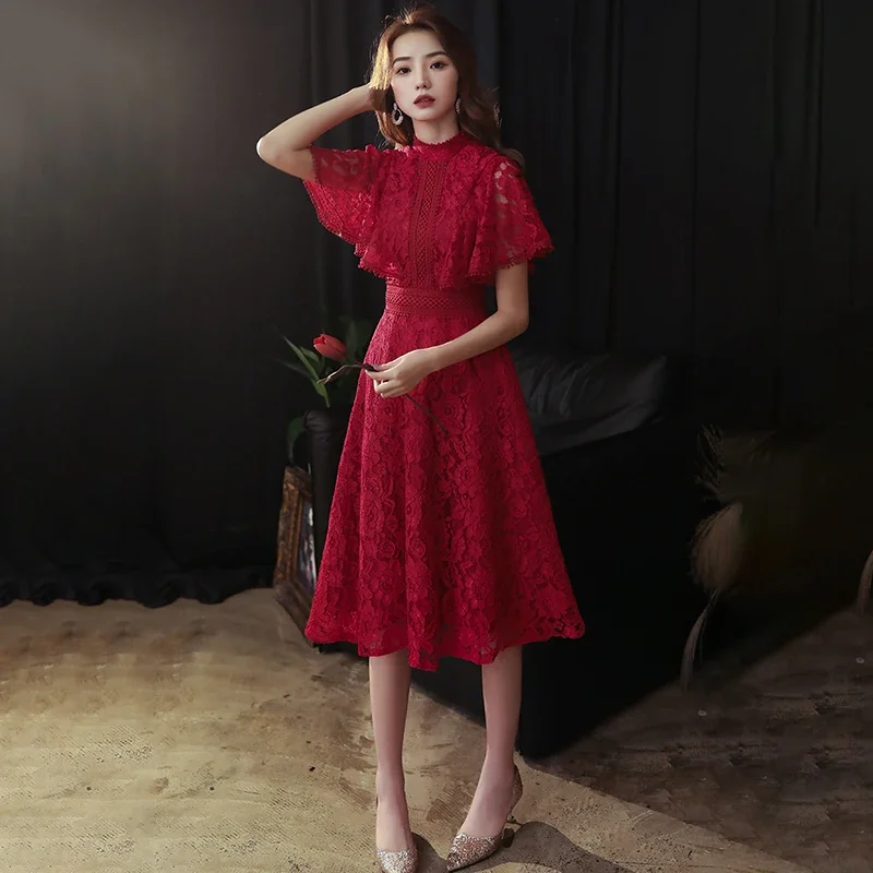 Lace Party Dresses Women Burgundy High Collar Half Sleeves Tea-length A-line Plus size New Ruffles Customized Formal Dress A071