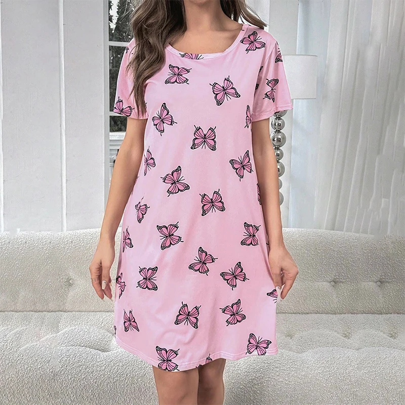 Casual Butterfly Print Nightdress Short Sleeve Round Neck Tee Sleep Dress Women\'s Sleepwear Home Clothes Nightgown Loungewear