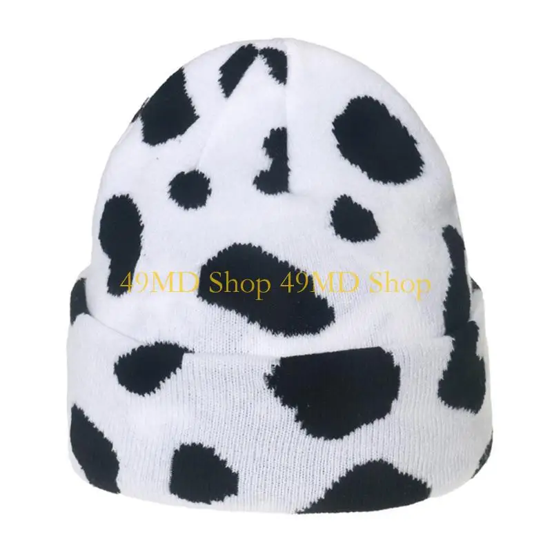 49MD Simple Fashion Knitted Hat Thick Warm Casual Knitted with Cow Leopard Print Foldable Personality for Male Female