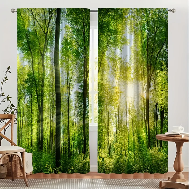 Natural Sunlight Forest Window Curtain Fresh Green Tall Tree Print Light Filter Drape For Living Room Bedroom Hotel Indoor Home