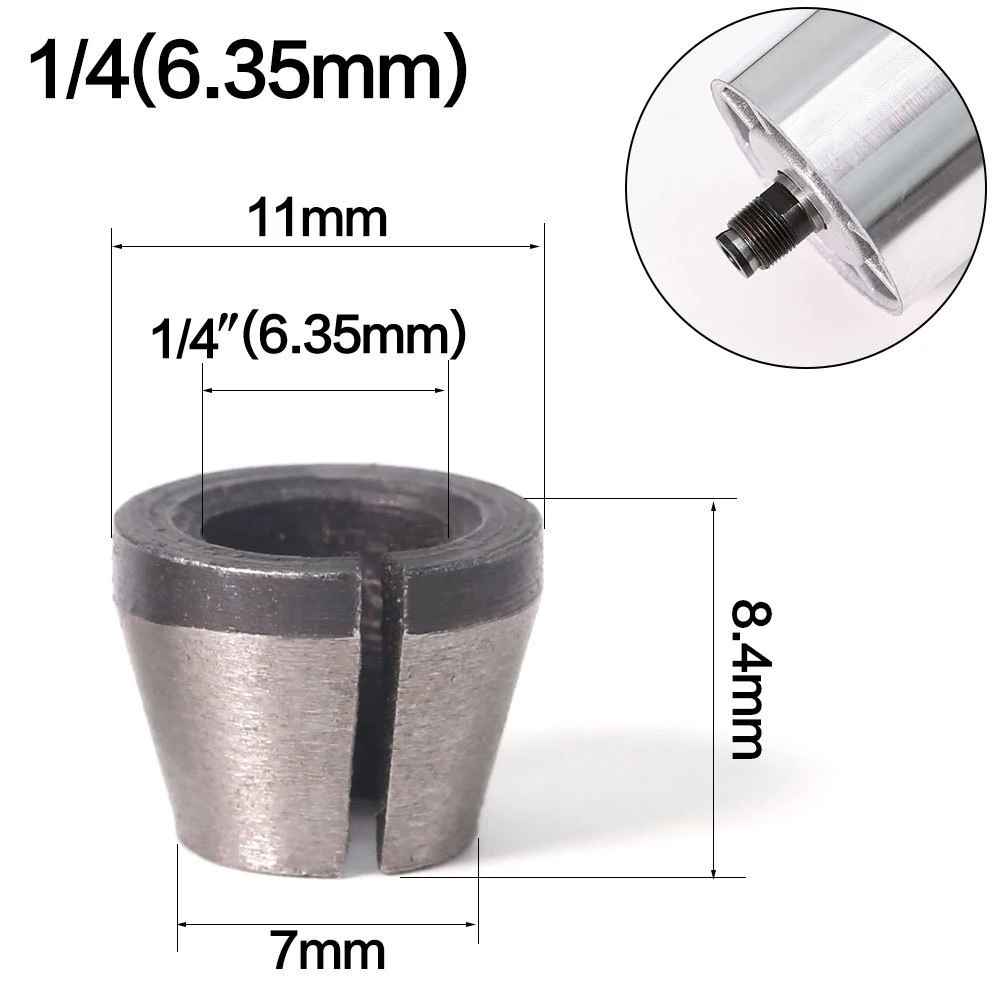 

Trimming Machine Trimmer Collet Chucks Router Bit Router Bit Collets 1/4" shank Adapter Carbon Steel Kit Useful