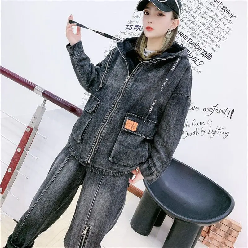 Woman Denim Jacket Fashion and Long Pant Female Two Piece Suits Liner Slim Wear Denim Clothes Outfits Ladies Sweatshirt Sets G46