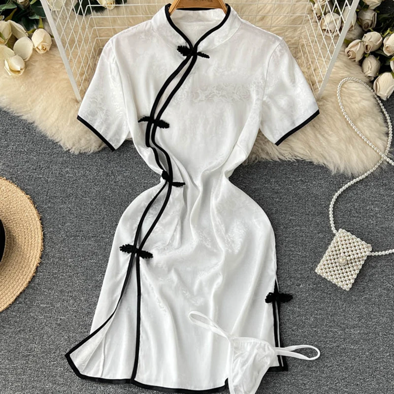 Chinese Sexy Improved Retro Cheongsam Dress White Women's Summer Traditional Qipao Skirt Hollow Split Temptation Erotic Costumes