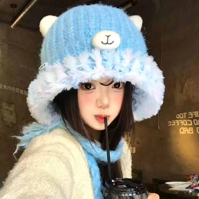 Women Cute Bear Ear Knit Earflap Hat Faux Fur Ruffle Brim Winter Warm Beanies with Braided Tie‑Strings Sweet Girls Ski Caps