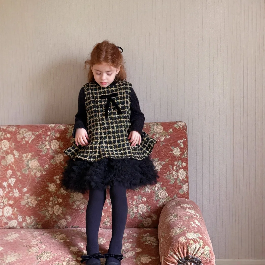 

Winter Infant Girl Dress Plaid Thick Warm Toddler Kids Girl Mesh Princess Dress Sleeless Children Girl Bow Appliques Wool Dress