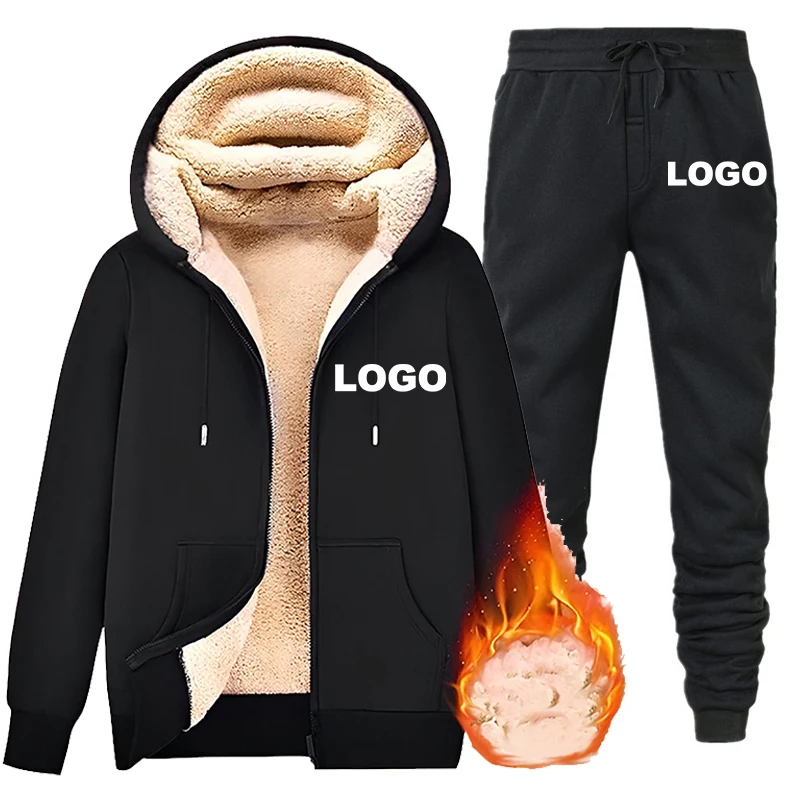 Men's Custom Logo Suits Print High Quality Zippered Sportswear Thicken Solid Color Men's Hoodie+Sweatpants 2-Piece