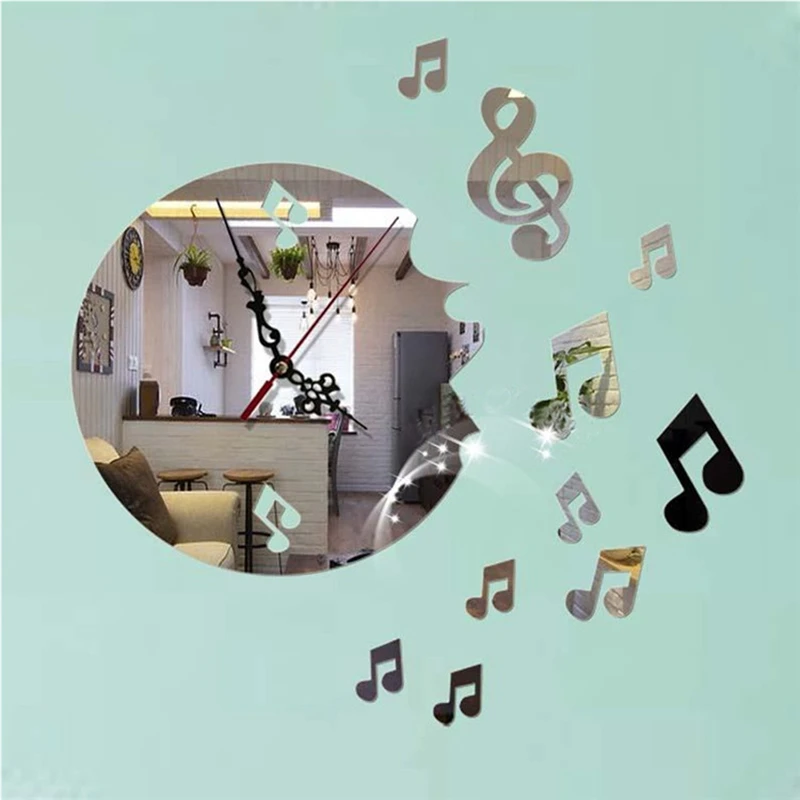 Music Notes Modern Watch 3D Wall Clock Roman Digits Creative Acryllic Mirror DIY Sticker With Glue Home Decoration