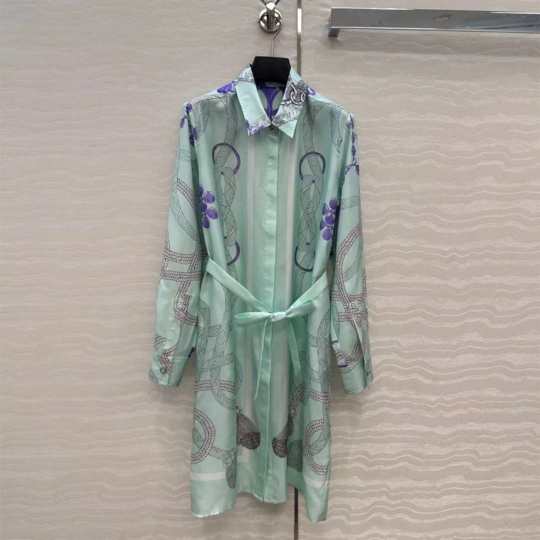 

2025 New Autumn Fashion Mint Green 100% Silk Dress Women Elegant Lapel Long Sleeve Slim Belt Rope Printing Vintage Midi Dresses