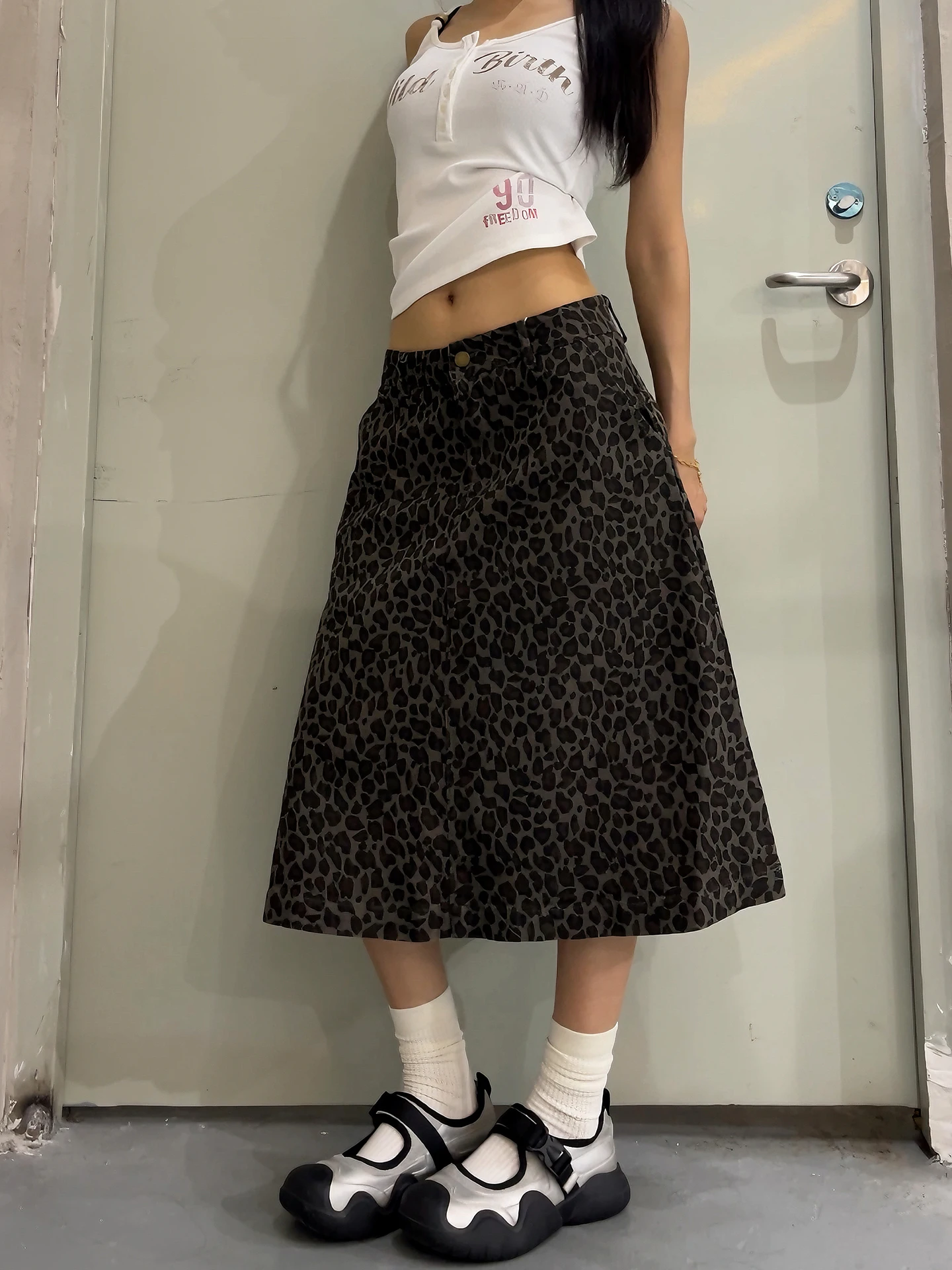 American Retro Leopard Print A-Line  Skirt Women's Mid-Length Casual Workwear Skirts Slimming Short Skirts Trendy