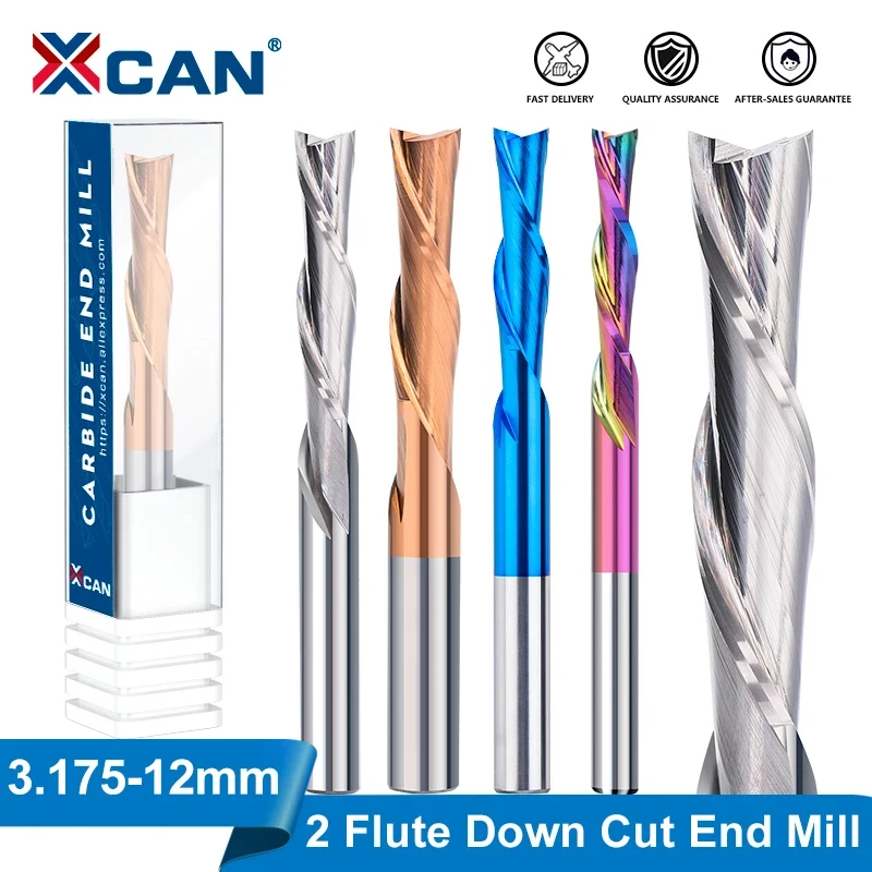 XCAN End Mill DOWN Cut Milling Cutter For Woodworking 2 Flute Carbide Endmill CNC Spiral Router Bits 3.175/4/6/8/10/12mm Shank