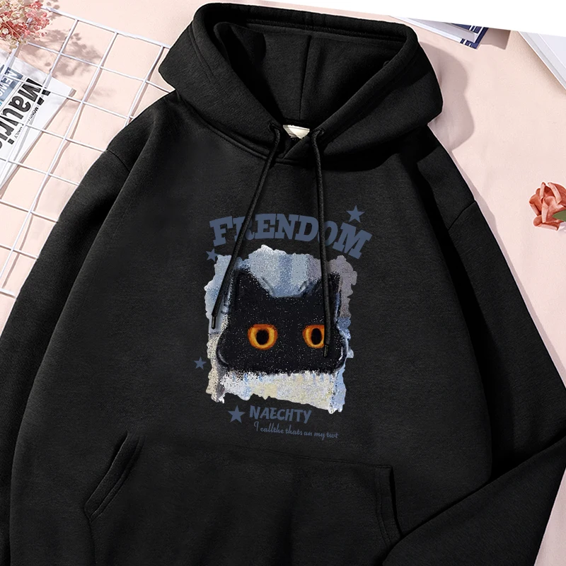 Frendom Cute Black Cat Printing Hooded Men Fleece Warm Warm Hoodies Hip Hop Round Neck Hoodies Fashion Casual S-Xxl Tops Man