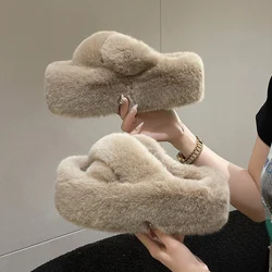 Chunky Platform Fur Slippers Women 2024 Winter Thick Bottom Furry Outdoor Slippers Woman Plus Size 42 Short Plush Designer Shoes