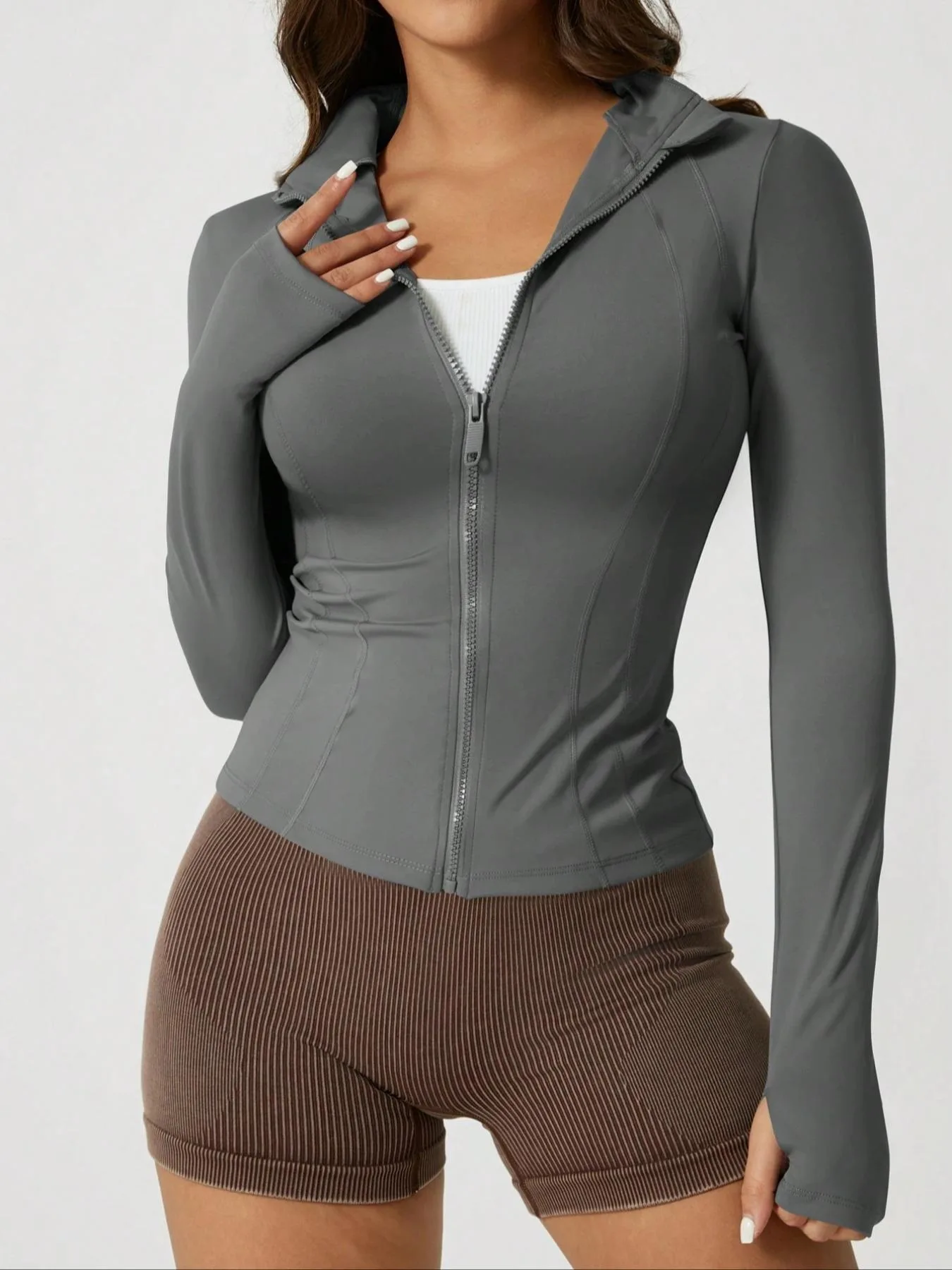 Fitfemme Damen-Sportjacke mit festem Reißverschluss, sportliche Daumenloch-Langarm-Fußbekleidung für Fitnessstudio, Workout, Damen-Sportbekleidung für alle Jahreszeiten
